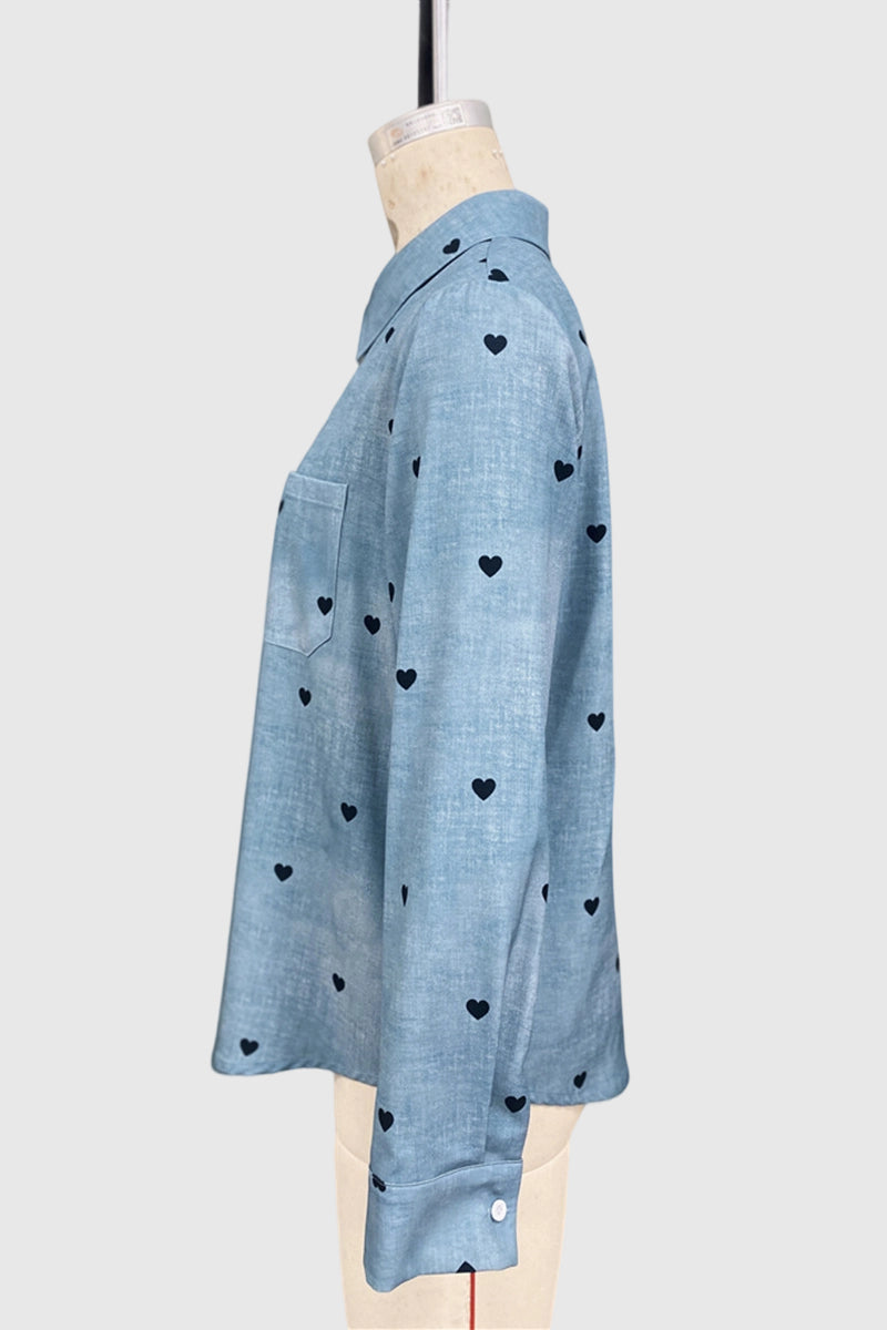 Heart Pattern Button-Up Blouse