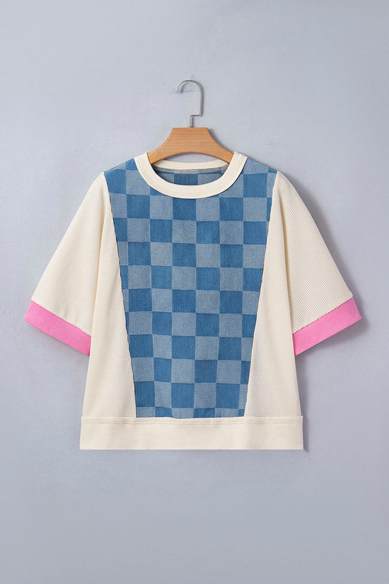 Checkered Patchwork Short Sleeve Top