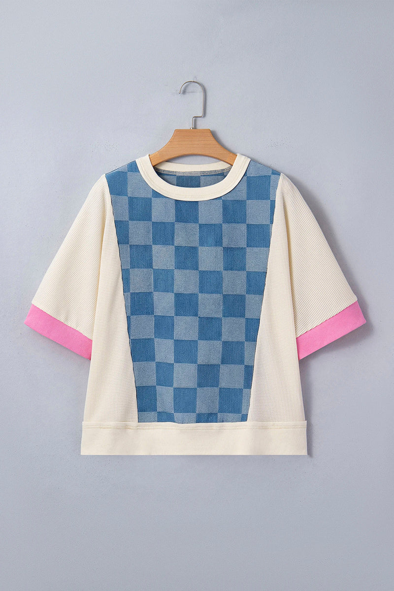Checkered Patchwork Short Sleeve Top