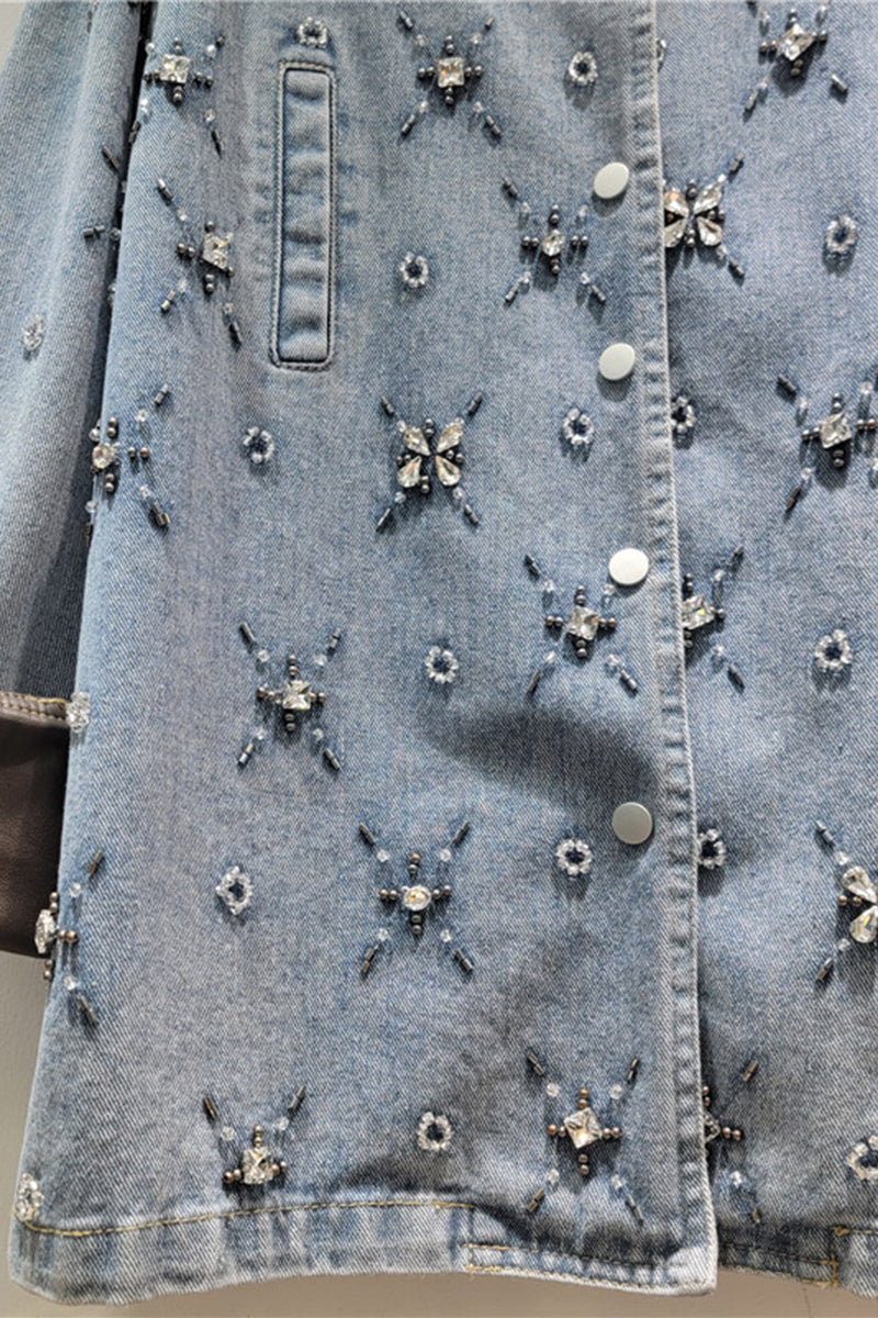 Embellished Denim Jacket with Contrast Collar