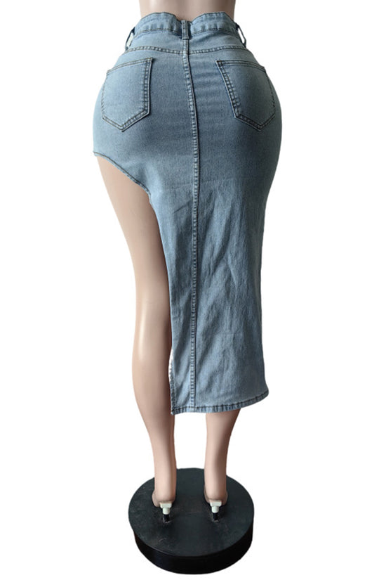 High-Slit Denim Skirt with Patch Details