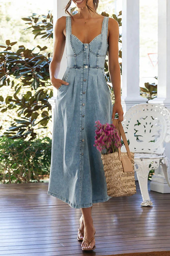 Button-Up Sleeveless Denim Dress