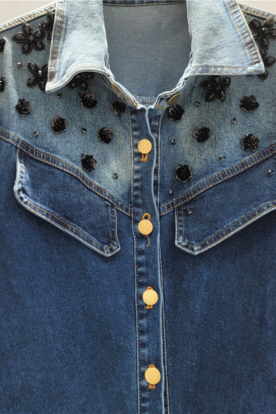 Embellished Button-Up Denim Dress