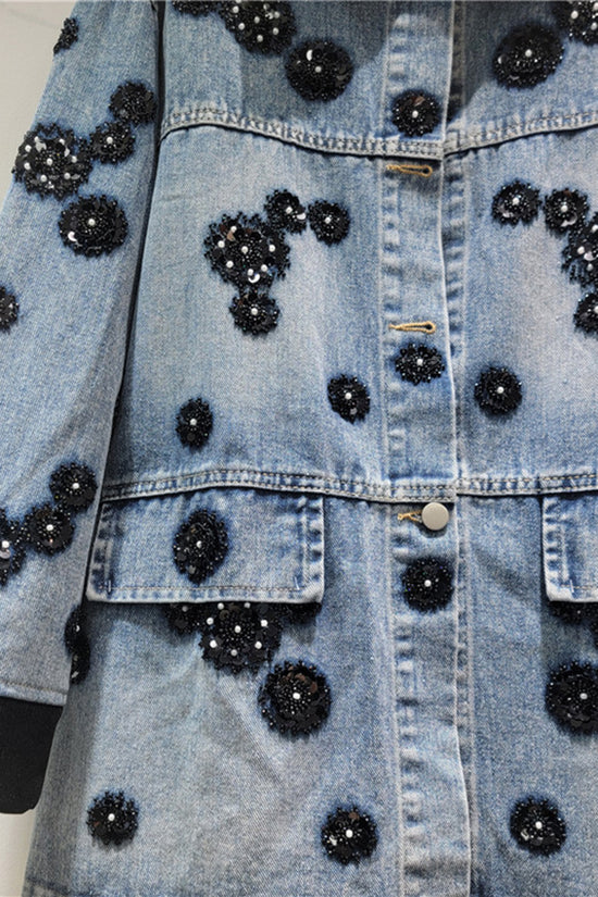 Embellished Denim Jacket with Floral Accents