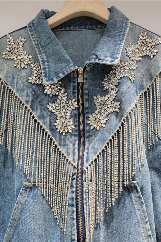 Embellished Denim Jacket with Fringe