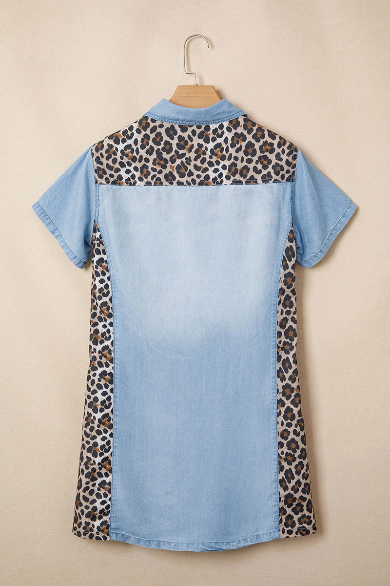 Denim Block Leopard Patchwork Shirt Collar Dress