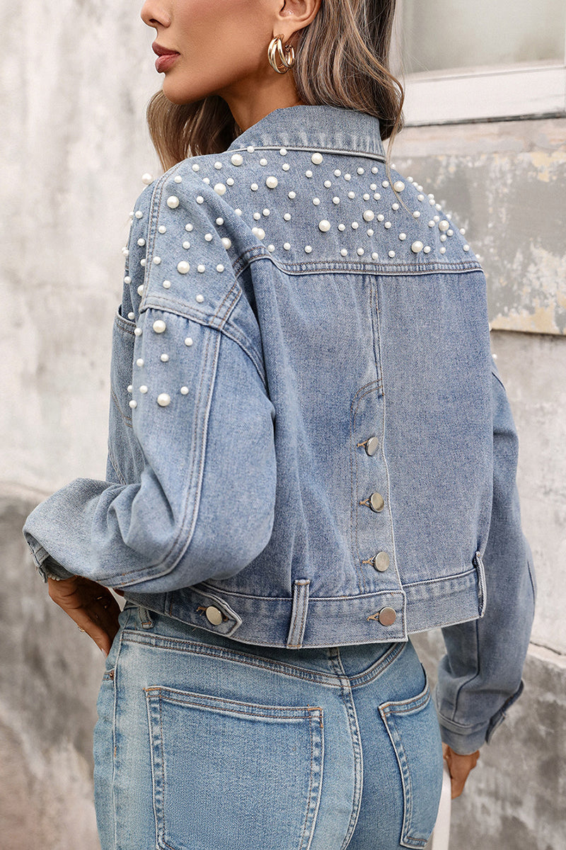 Pearl Embellished Cropped Denim Jacket