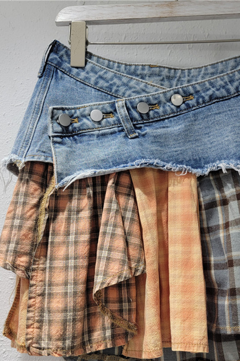Distressed Denim Patchwork Mini Skirt