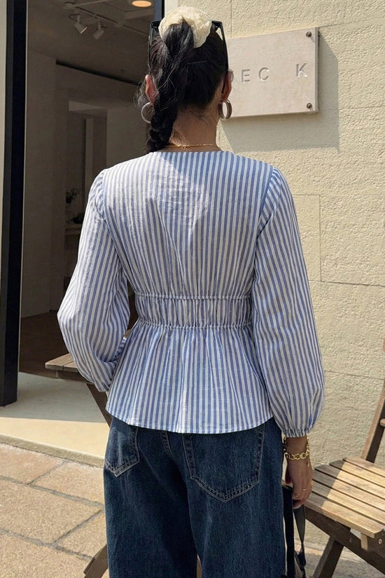 Striped Deep V-Neck Peplum Blouse