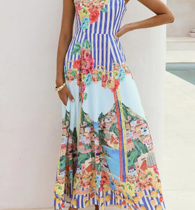 Floral Striped Spaghetti Strap Maxi Dress