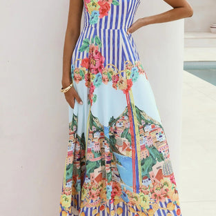 Floral Striped Spaghetti Strap Maxi Dress