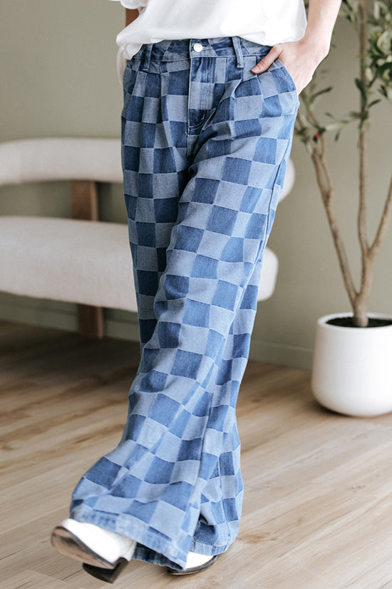 Checkered Straight-Leg Denim Jeans