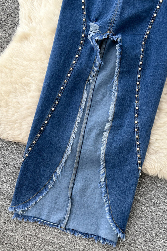 Studded Denim Strapless Long Dress
