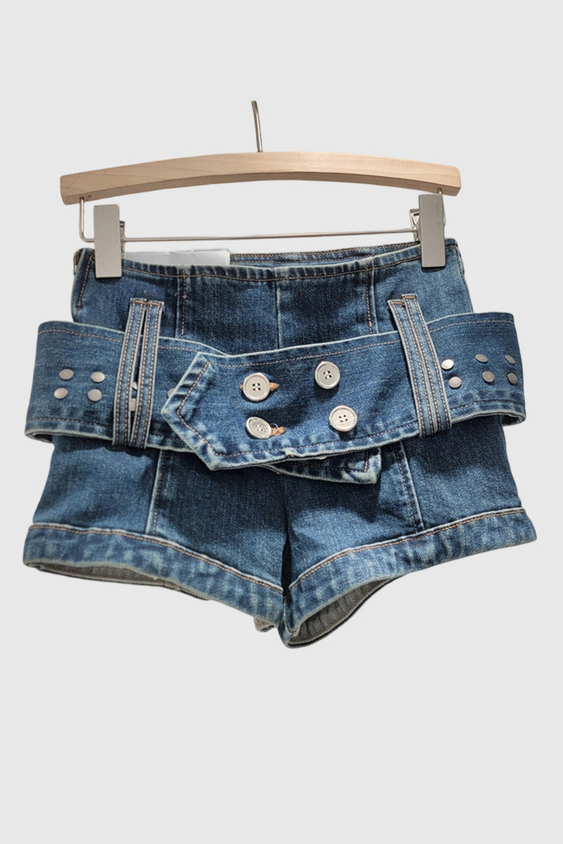 Belted High-Waist Denim Shorts