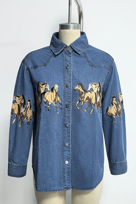 Horse Print Button-Up Denim Jacket