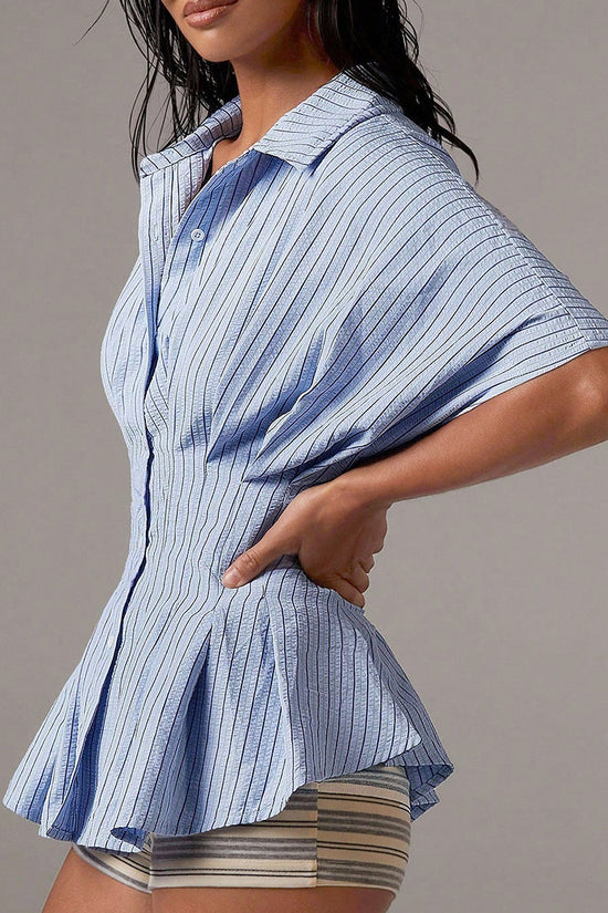 Striped Pleated Button-Up Blouse