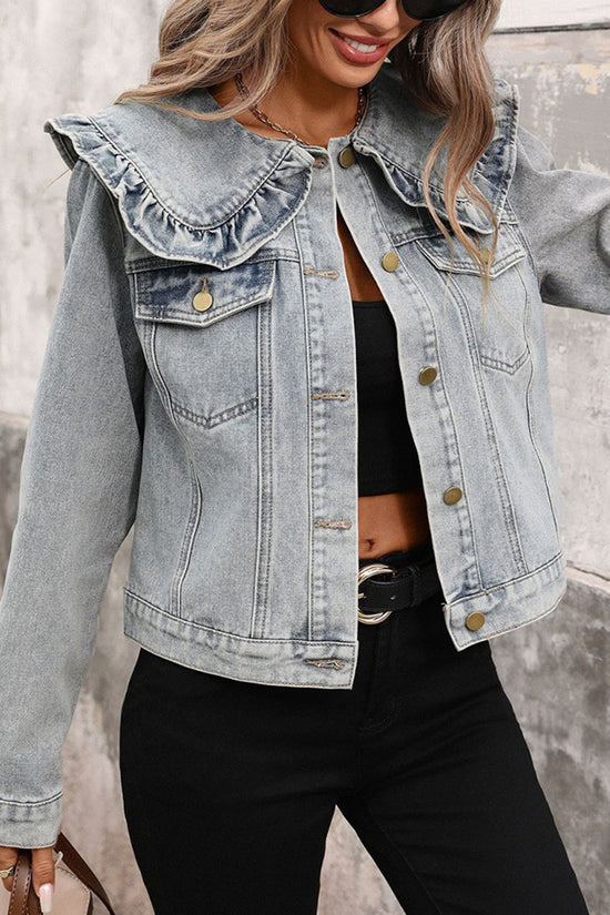 Stylish Ruffle Collar Denim Jacket