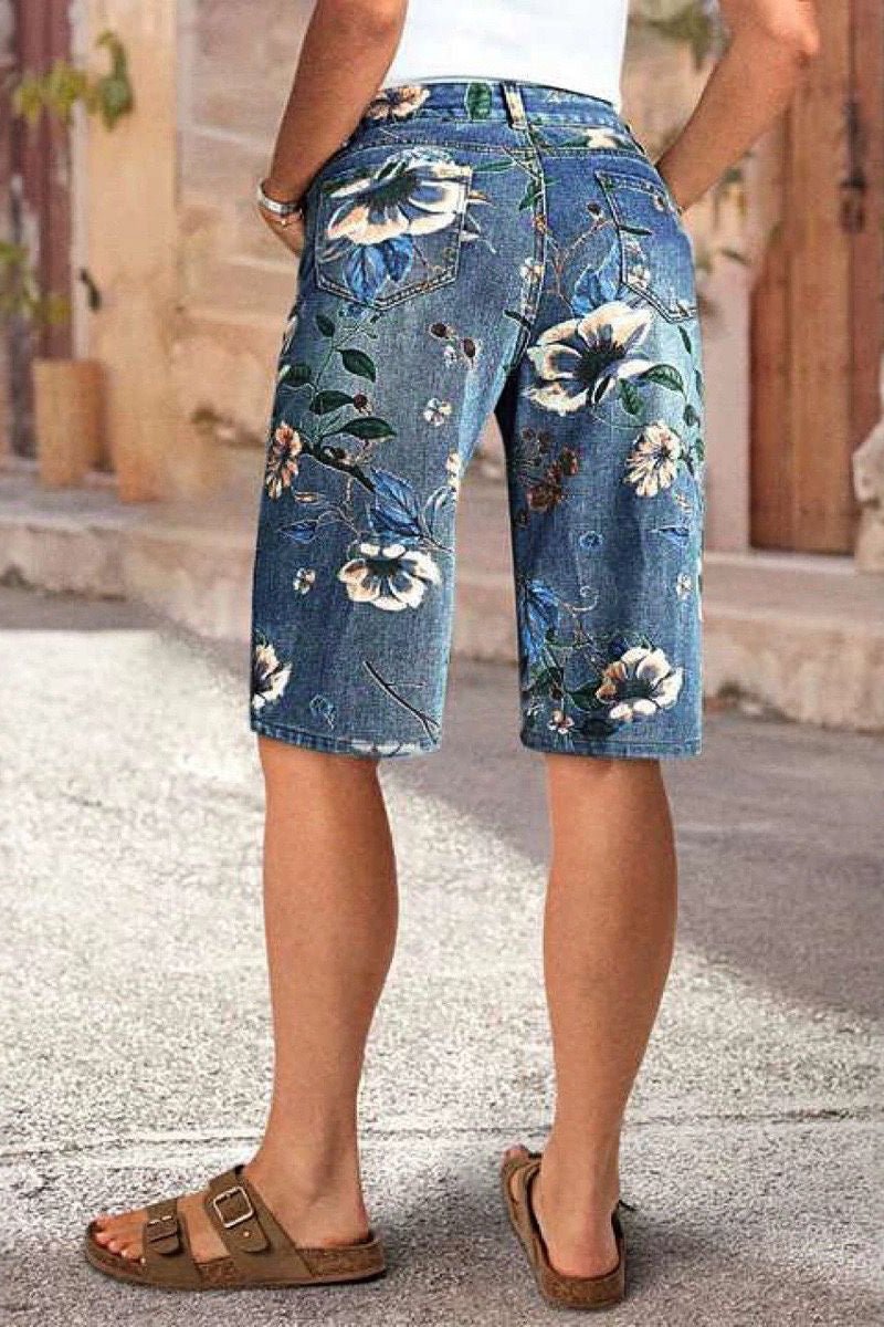 Floral Print High-Waist Denim Shorts