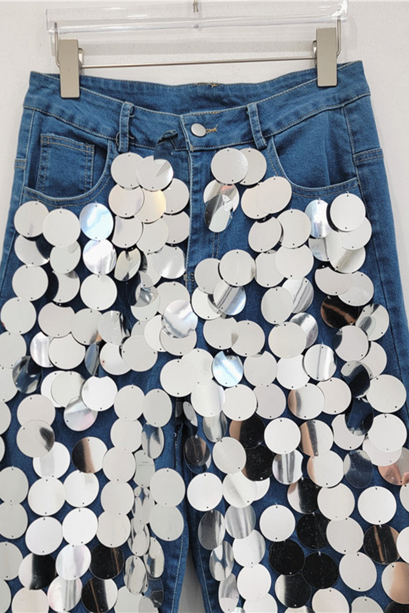 Reflective Sequin Straight Jeans