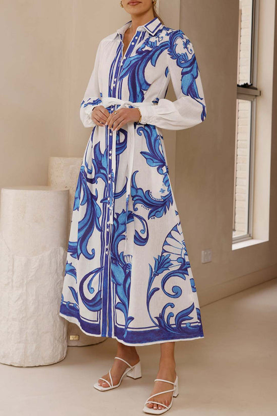 Floral Belted Long Sleeve Casual Dress