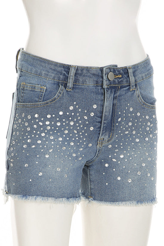 Embellished Frayed-Edge Denim Shorts