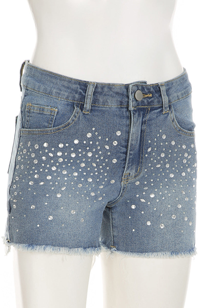Embellished Frayed-Edge Denim Shorts