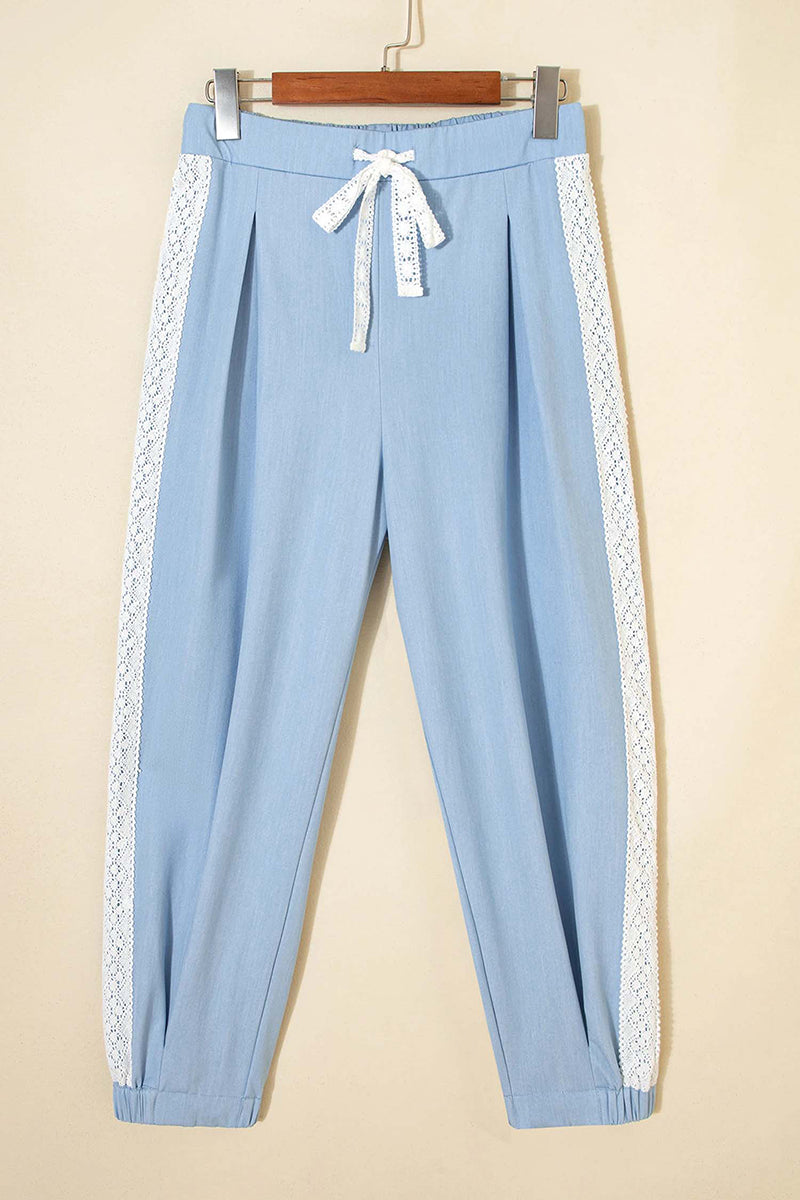 Lace Accent  Patched Pleated Wide Leg Pants