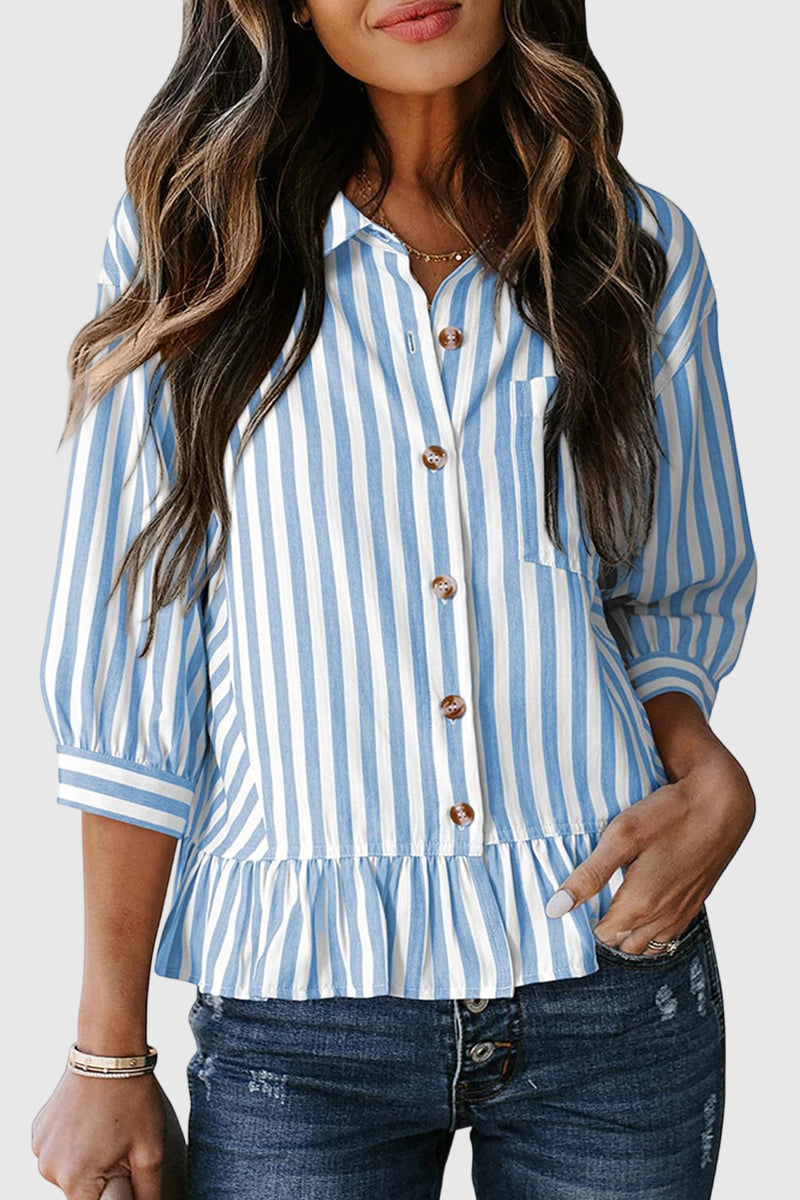 Striped Button-Up Peplum Blouse