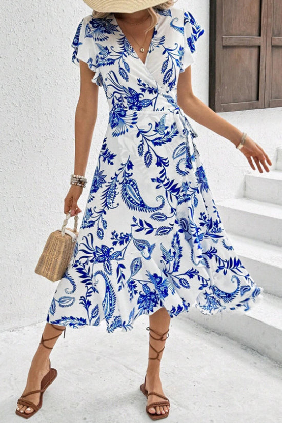 V-Neck Printed Ruffle Tie Waist Dress