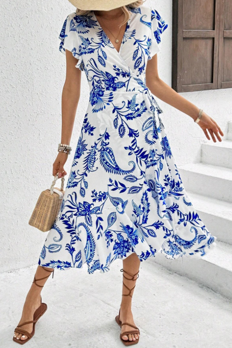 V-Neck Printed Ruffle Tie Waist Dress