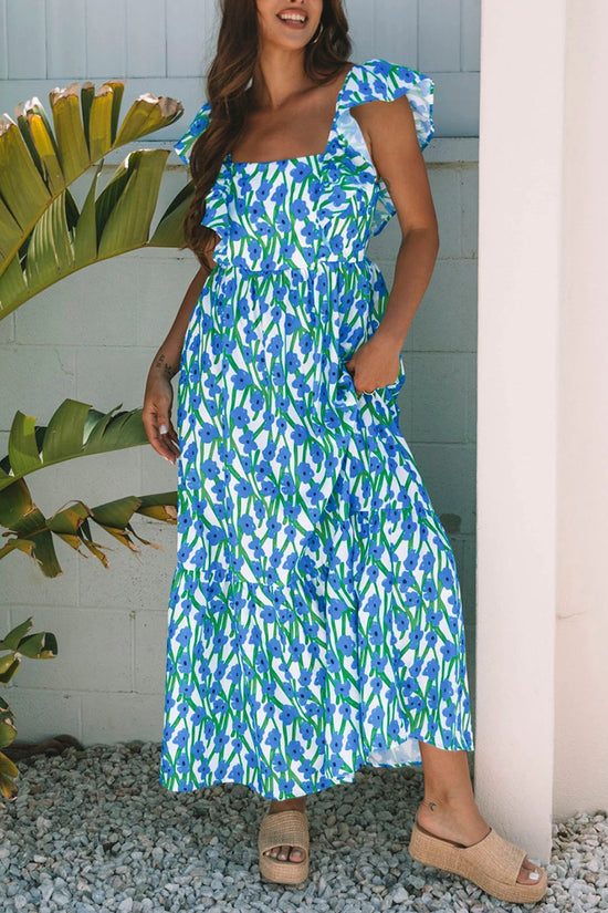 Floral Square Neck Ruffled Strap Dress