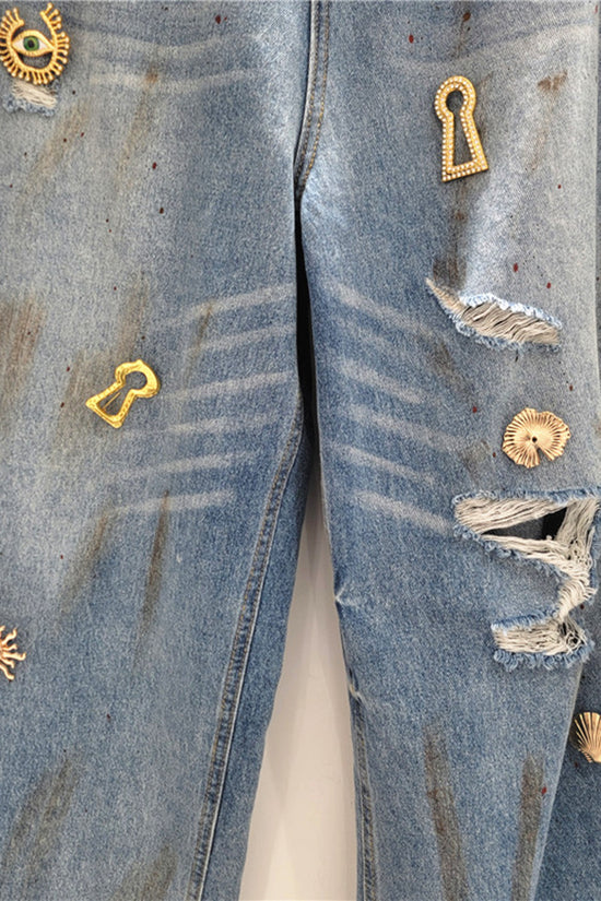 Embellished Distressed Barrel Jeans