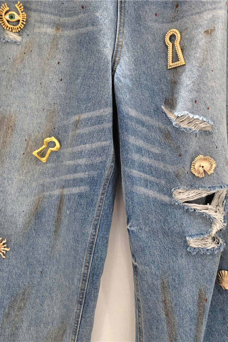 Embellished Distressed Barrel Jeans