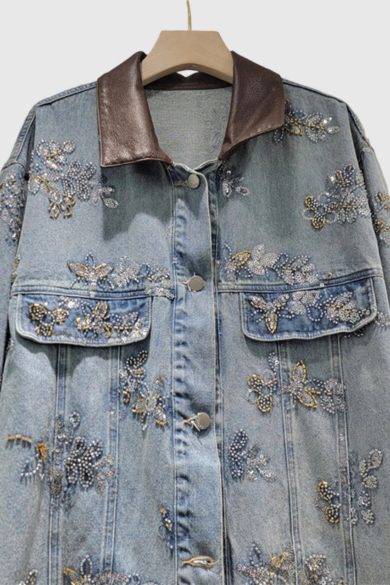 Embellished Denim Jacket with Contrast Collar