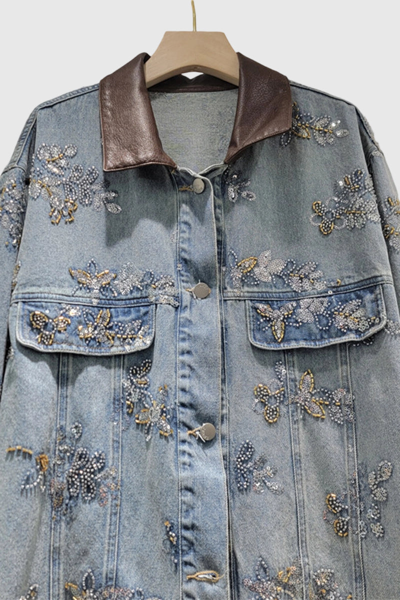 Embellished Denim Jacket with Contrast Collar