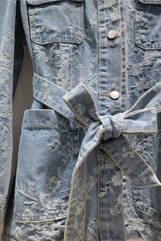 Floral Patterned Denim Jacket with Belt