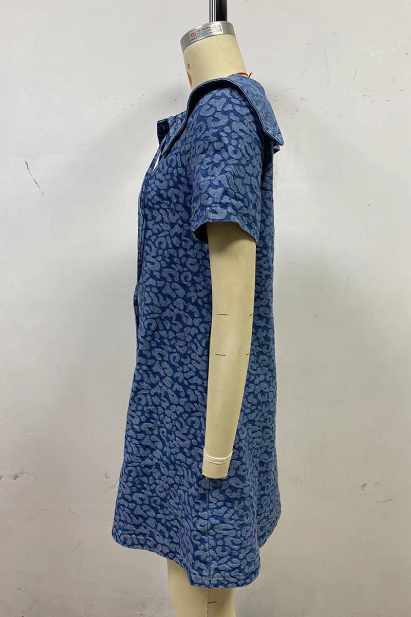 Animal Print Denim Dress with Collar