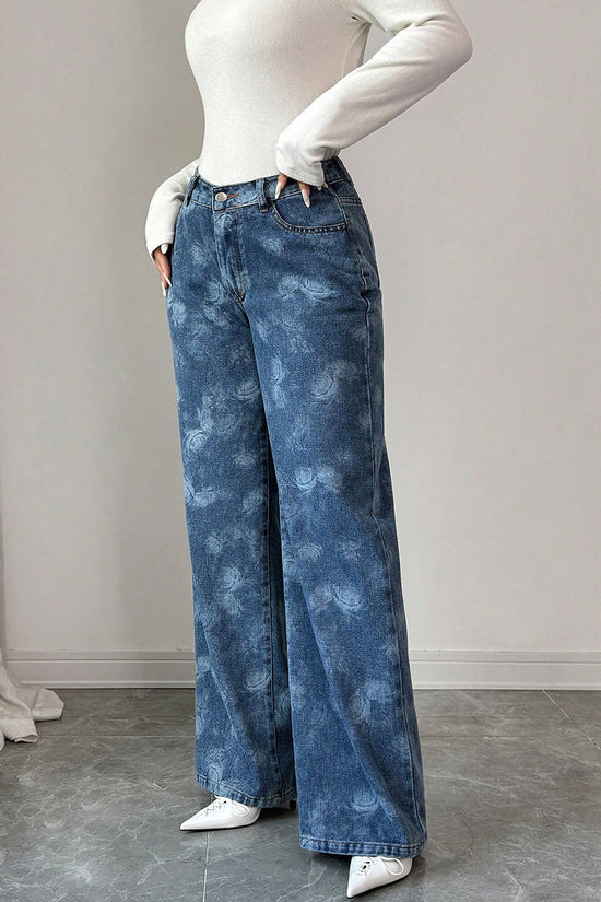 Floral Print High-Waisted Straight Jeans