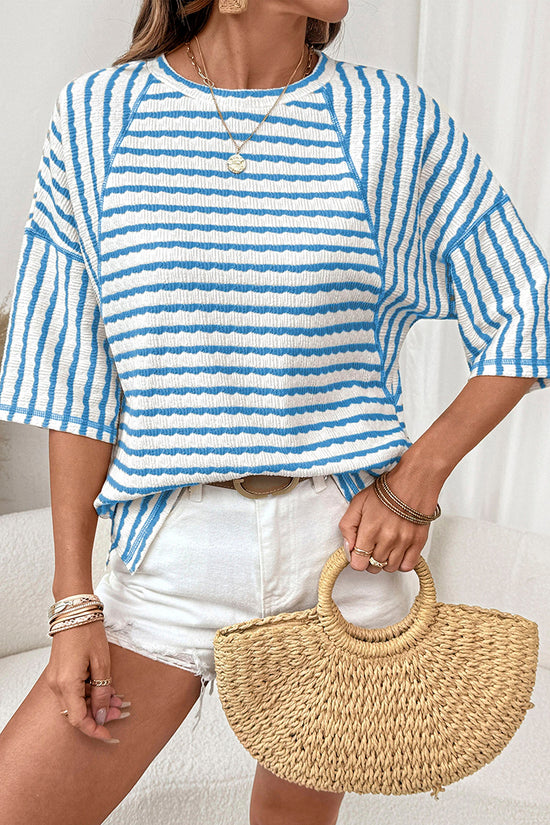 Textured Stripe Split Hem Loose Top