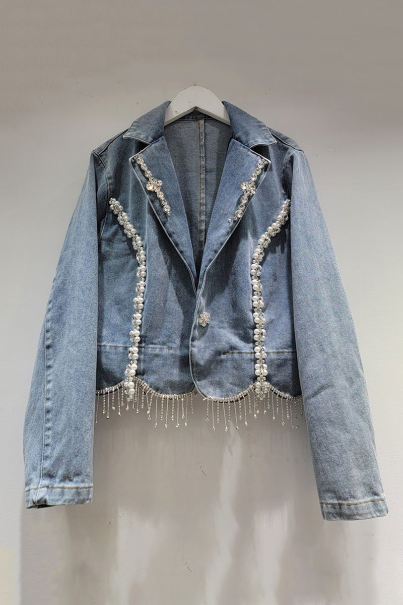 Embellished Denim Jacket with Pearls