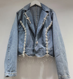 Embellished Denim Jacket with Pearls