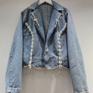 Embellished Denim Jacket with Pearls