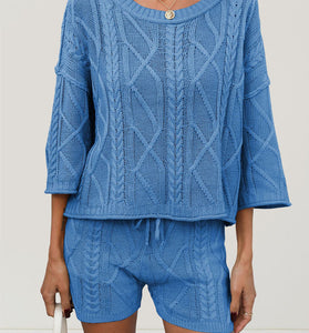 Knit Texture Casual Shorts Set