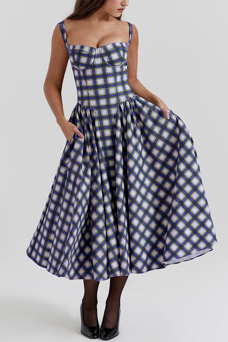 Elegant Sleeveless Plaid Midi Casual Dress