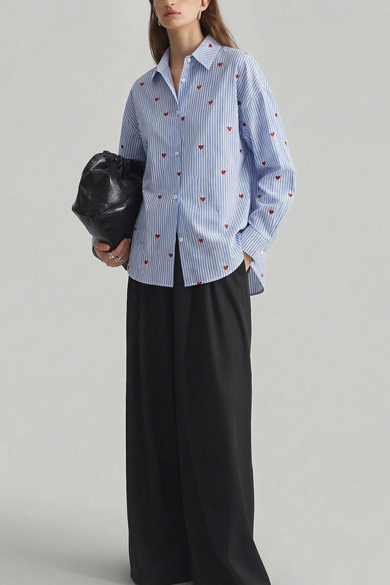 Heart Pattern Striped Oversized Blouse