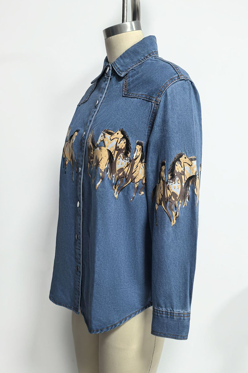Horse Print Button-Up Denim Jacket