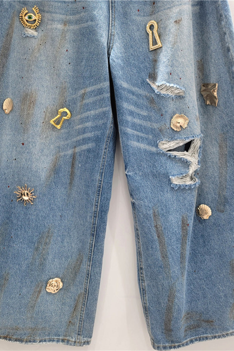 Embellished Distressed Barrel Jeans