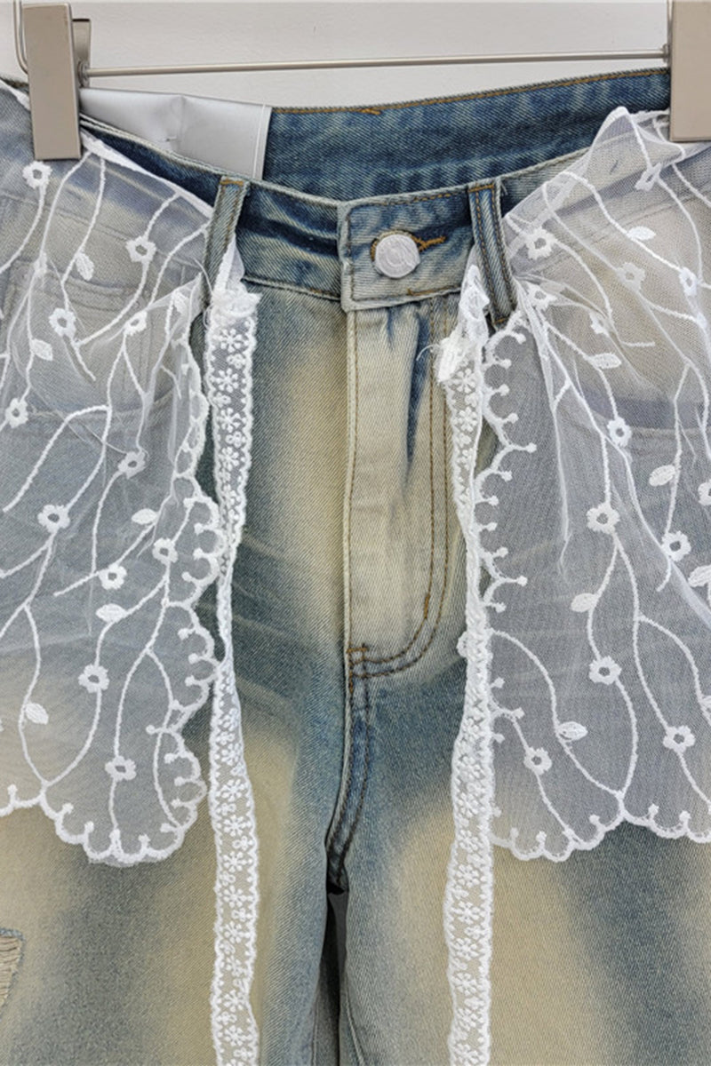 Lace-Trimmed Denim Shorts
