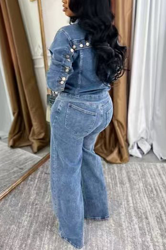 Button-Up Denim Two-Piece Set