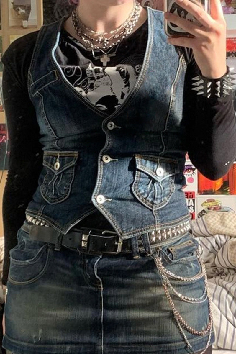 Buttoned Denim Sleeveless Vest